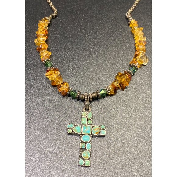Vintage 925 Turquoise & Quartz Cross Choker Necklace Beaded Chain Link
